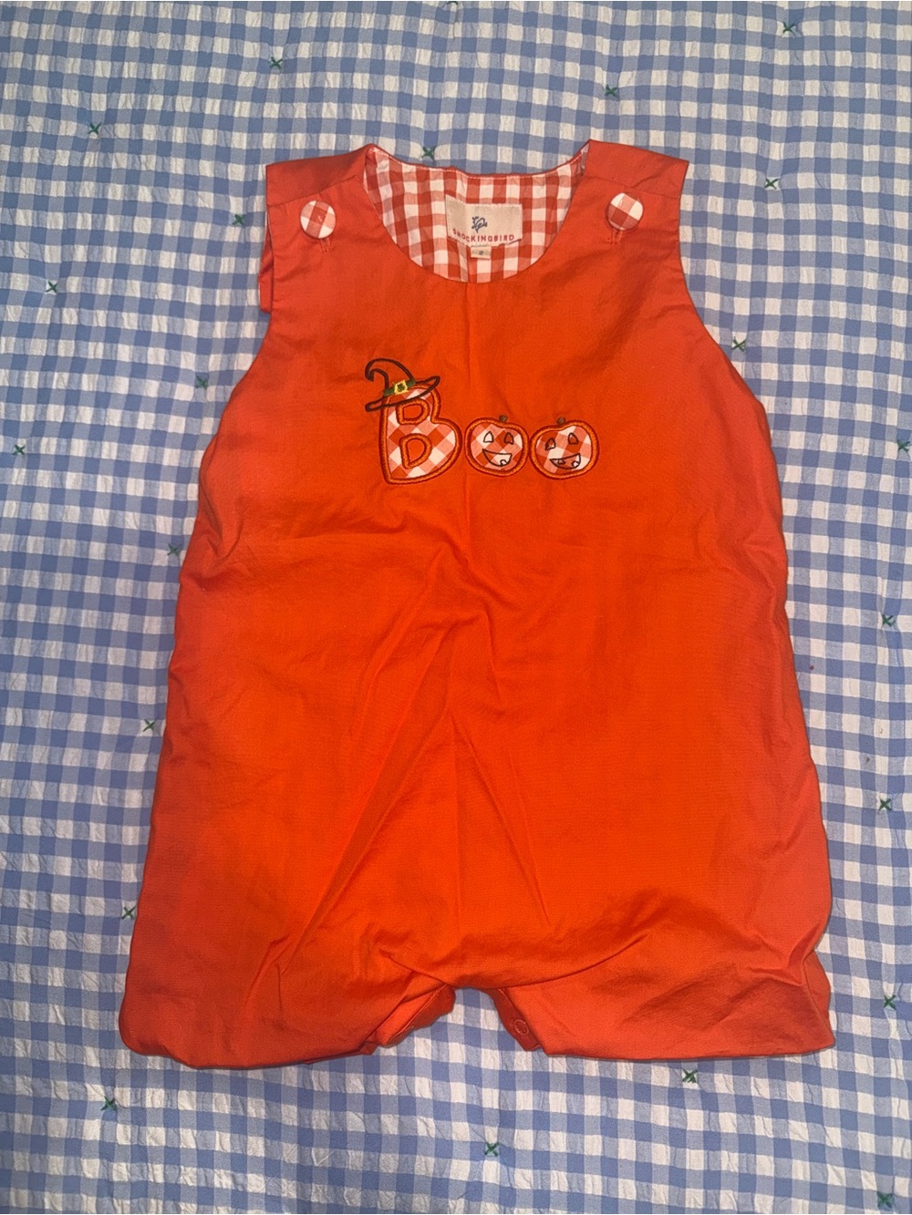 Smockingbird Orange Pumpkin “Boo” Romper